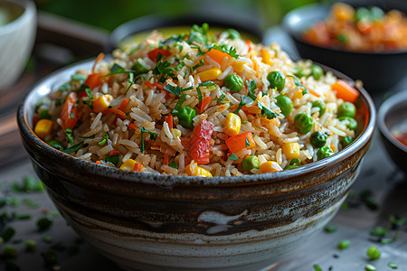 米饭背景五彩斑斓的蔬菜炒饭背景