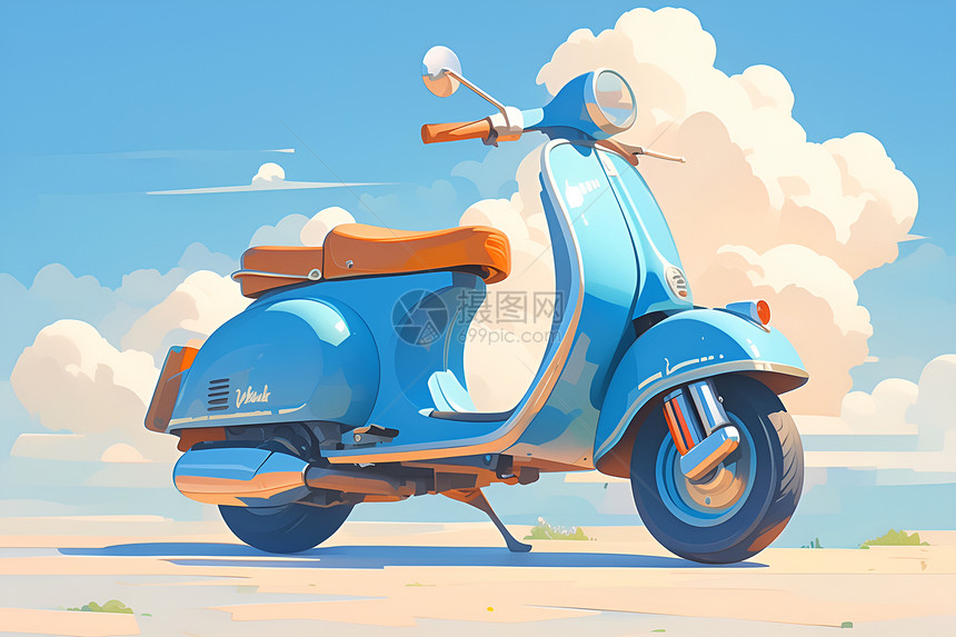 蓝色摩托车停在沙滩上图片