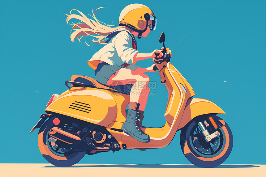 女子骑着黄色电摩托图片