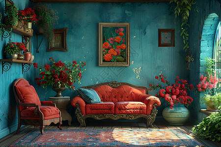 植物复古素材客厅里的沙发和花朵插画
