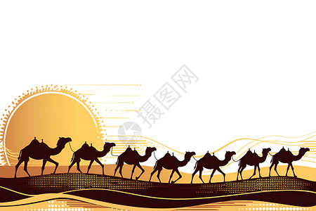 二进沙漠中行进的骆驼群插画