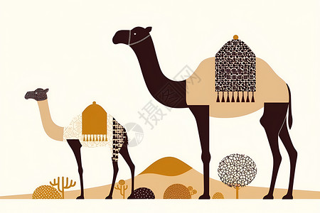 中跌奇幻沙漠中的骆驼插画