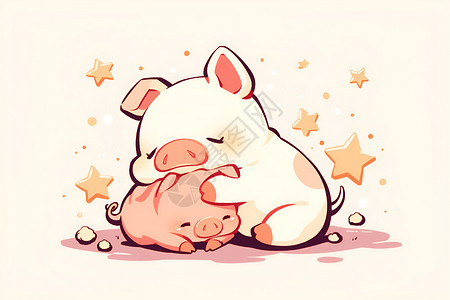 搂抱两只可爱的小猪插画