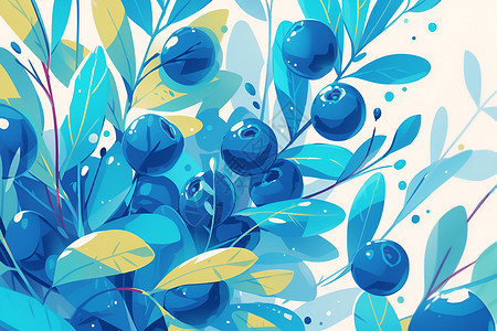 新鲜长枣长在叶片里的蓝莓插画