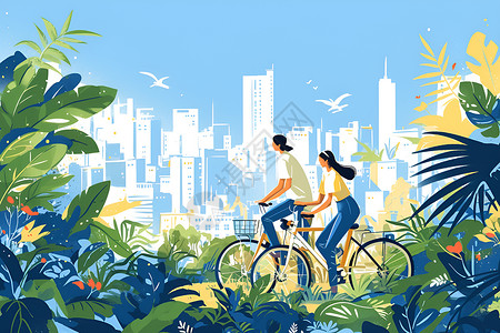 绿植城市城市公园里骑车插画
