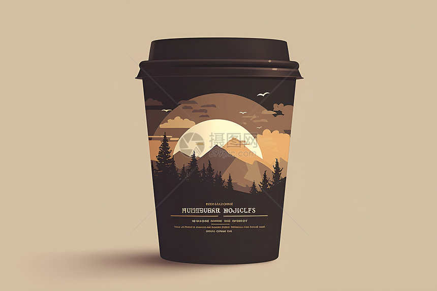 咖啡杯上的山脉与飞鸟图片