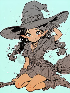 魔法扫帚骑着扫帚的女巫插画
