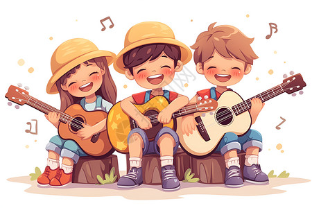 孩子兴趣三个可爱的孩子在弹奏吉他插画