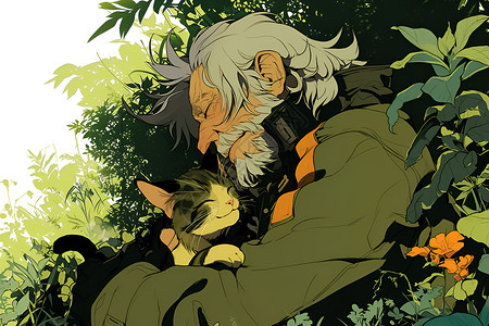 抱着猫的老人森林抱猫的男人插画