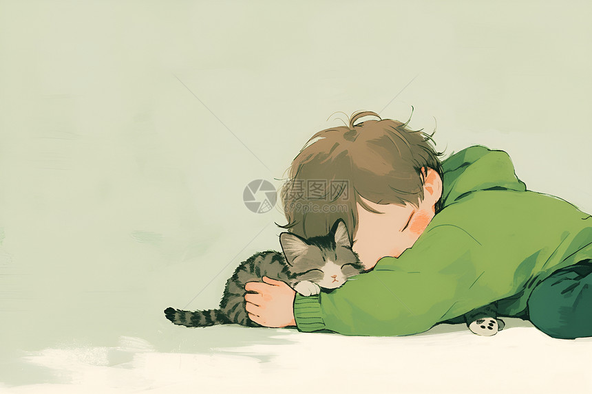 男孩拥抱猫咪图片