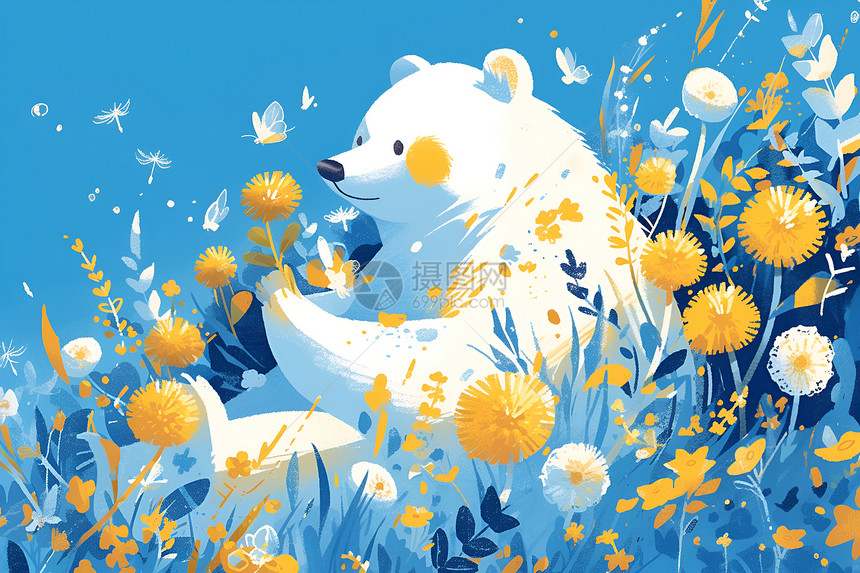 白熊在蒲公英花丛中图片