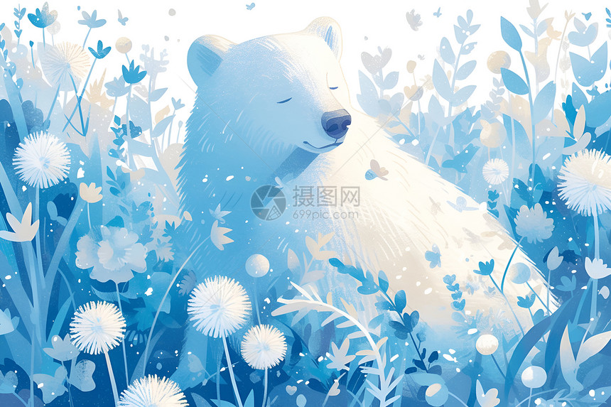 蓝色花丛中的白熊图片
