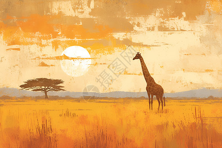 草原上非洲象草原上的长颈鹿插画