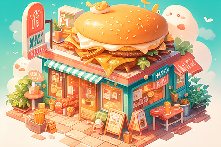 快餐餐厅卡通汉堡店插画