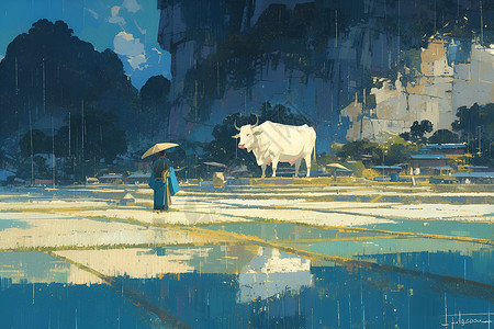 田间雨中的牛耕画高清图片