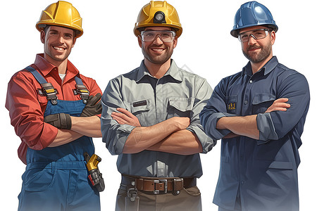 男性工作服并排站着的建筑工人插画