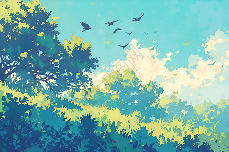 天空翱翔枝叶微动的森林插画