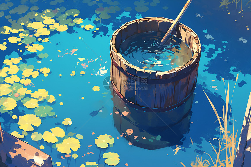 池塘里的一个木桶图片