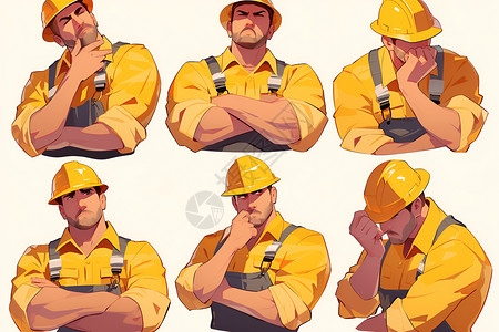 男性烦恼姿势黄色硬帽下的建筑工人插画
