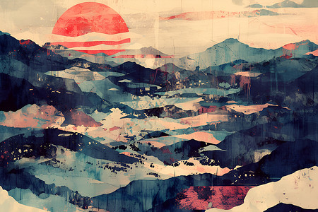 日落下湖面日落下的山坡风景插画