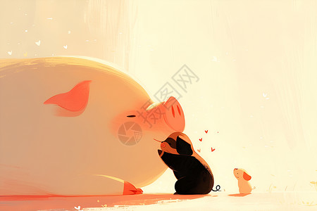 粉色小猪插画粉色的小猪和黑色小狗插画