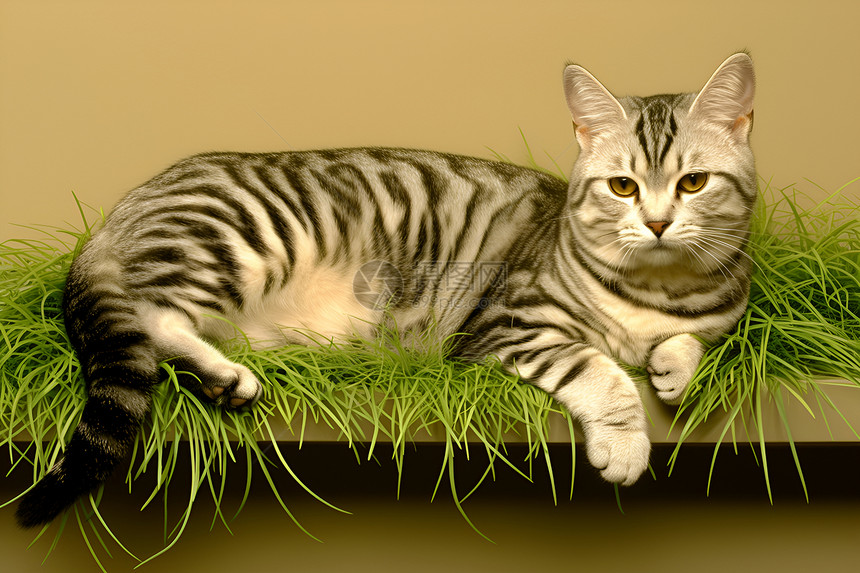 睡在草上的猫咪图片