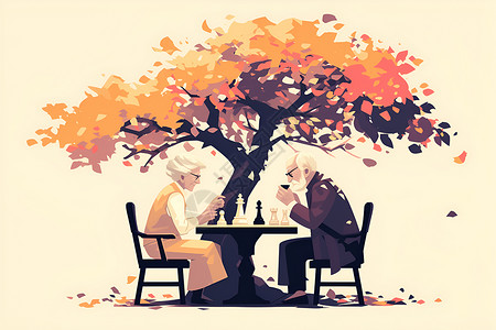 老年下棋树下下棋的老年夫妇插画