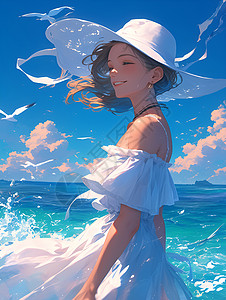 美丽的海边海边的美丽女孩插画