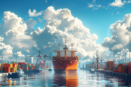 小港口工业港口的船只插画