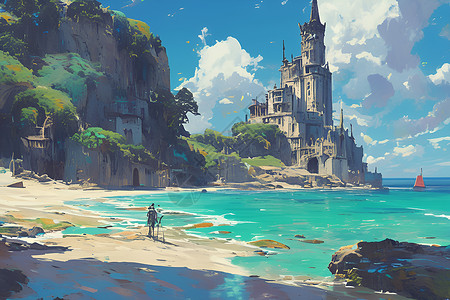 城堡里海边的城堡插画