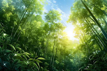 大树阳光素材绿树丛林景色插画