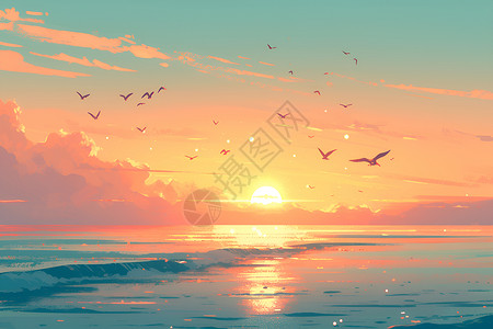 海鸟素材日落下的海鸥插画