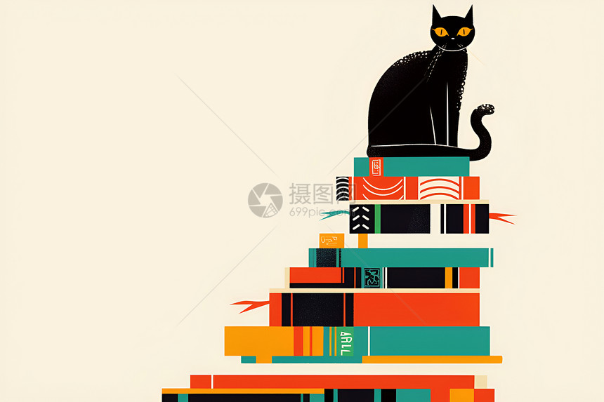 黑猫坐在五颜六色的书堆上图片