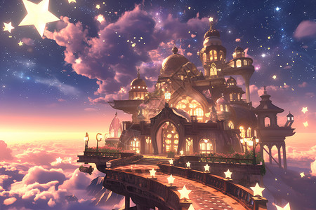 花海建筑星空下的梦幻城堡插画