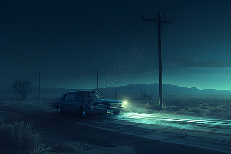 荒漠中公路夜晚公路上的汽车插画