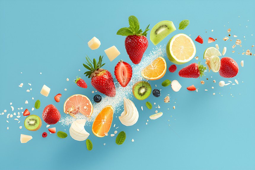 水果与蔬菜在蓝色背景上制作成的水果沙拉带有一丝甜蜜的飞溅图片