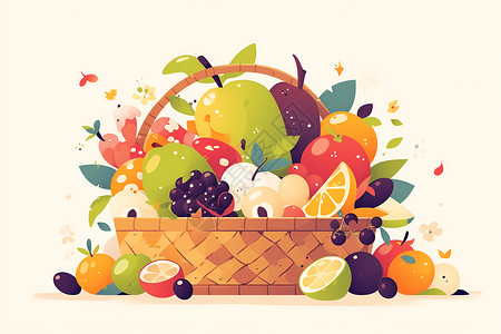 成熟素材装满水果的水果篮子插画