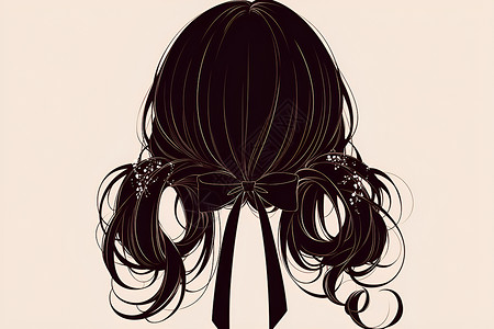 假发头发素材佩戴蝴蝶结的黑发插画