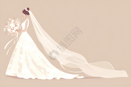 婚纱礼服手稿白纱新娘和花束插画