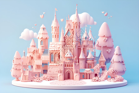 粘土风格大大的粉色城堡插画