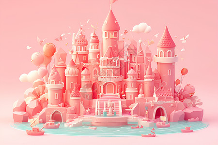 粘土风格梦幻的粉色城堡插画