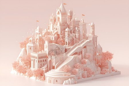 粘土风格神秘风粉色城堡插画