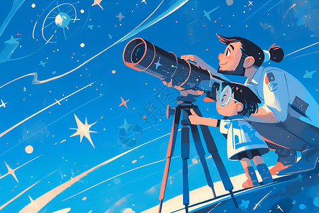 天文望远镜观星的父女插画