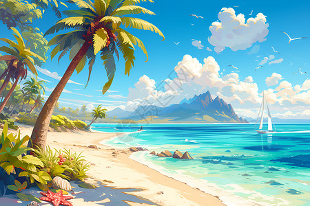 湖北风光阳光下的热带海滩插画