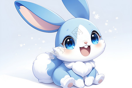 白雪花雪地中的蓝白兔子插画