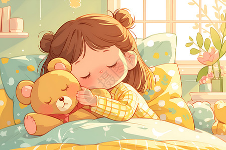 橘黄玩具熊小女孩与泰迪熊一起睡觉插画