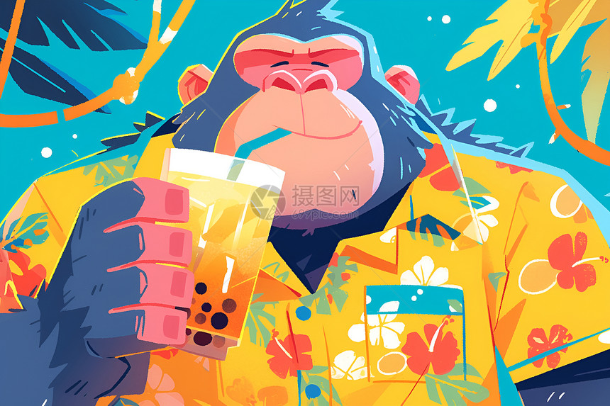 穿着衬衣的猴子喝奶茶图片