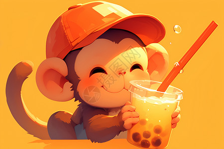 吸管喝猴子喝着奶茶插画
