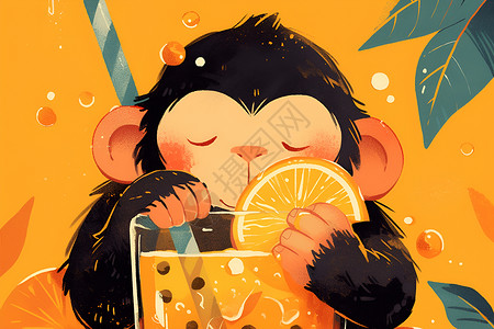 吸管喝欢快的小猴子喝饮料插画