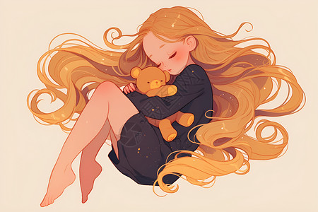女孩与玩具熊女孩与她的泰迪熊安然入眠插画